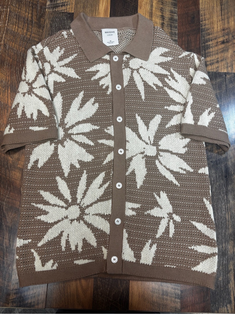 Massive Luxury men’s Anise Knit Floral Polo cardigan Brown/Cream Cotton size M